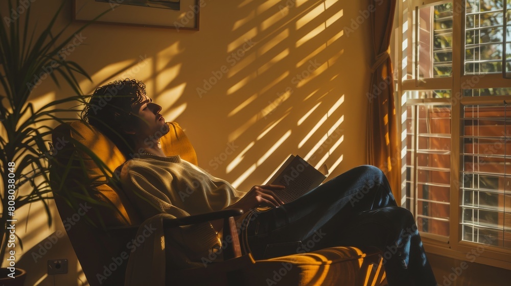 A dynamic image capturing the motion of a person reclining in a lounge chair with a book in hand, with sunlight streaming through the window and casting warm shadows