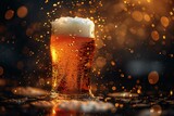 Glass of beer with splashes on dark background with bokeh effect