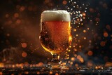 Frosty glass of light beer with splashes on dark background