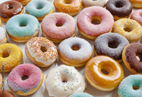 An AI-generated wallpaper design featuring a variety of colorful donuts isolated on a clean white background 