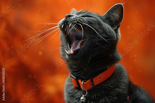 Black cat yawns on a background of a fiery orange background photo