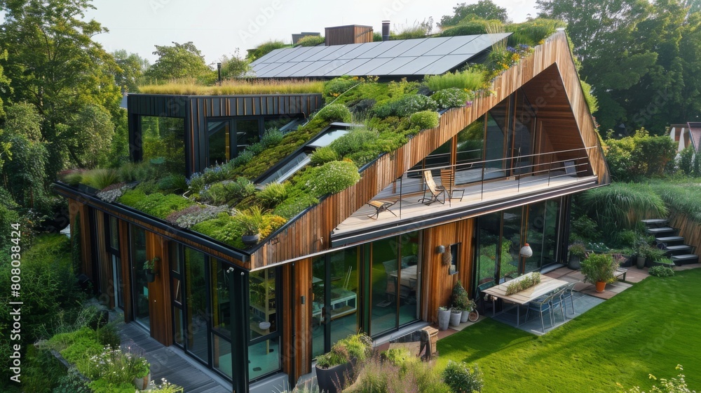 A sustainable eco-house with green roofing and solar panels, showcasing eco-friendly architecture
