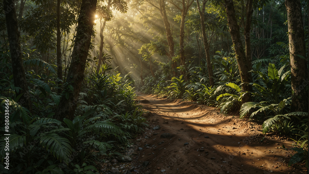 Fototapeta premium Sentiero illuminato dai raggi del sole in una rigogliosa foresta tropicale