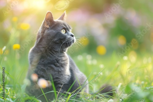 Cute cat sitting on the grass in the meadow with flowers