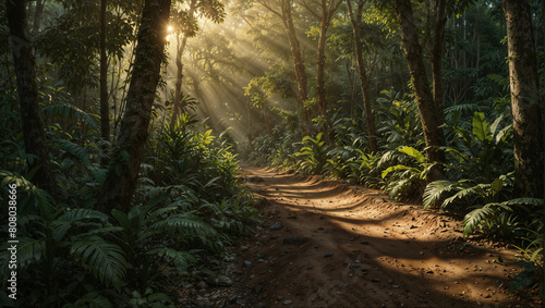 Sentiero illuminato dai raggi del sole in una rigogliosa foresta tropicale photo