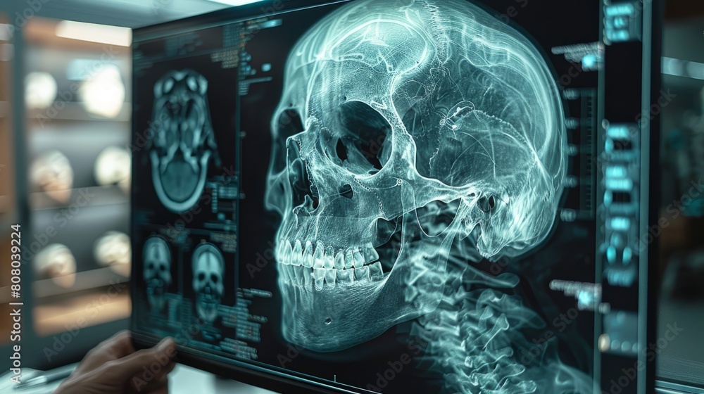 A high-resolution monitor in a clinic displays an x-ray of a human skull, illustrating the advanced diagnostic technology utilized in modern healthcare. A high-resolution monitor in a clinic displays an x-ray of a human skull, illustrating the advanced diagnostic technology utilized in modern healthcare.