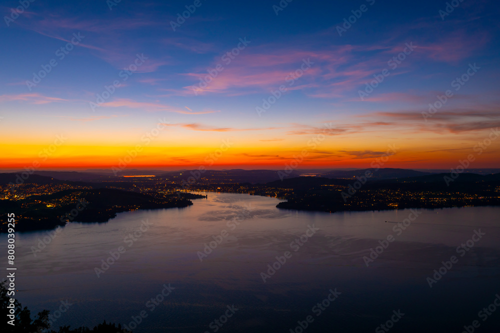 Aerial View over Lake Lucerne and Mountain in Dusk in Lucerne, Switzerland.