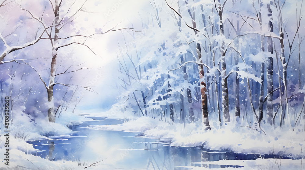 Conjure a watercolor background of an enchanted winter landscape with snow-covered trees
