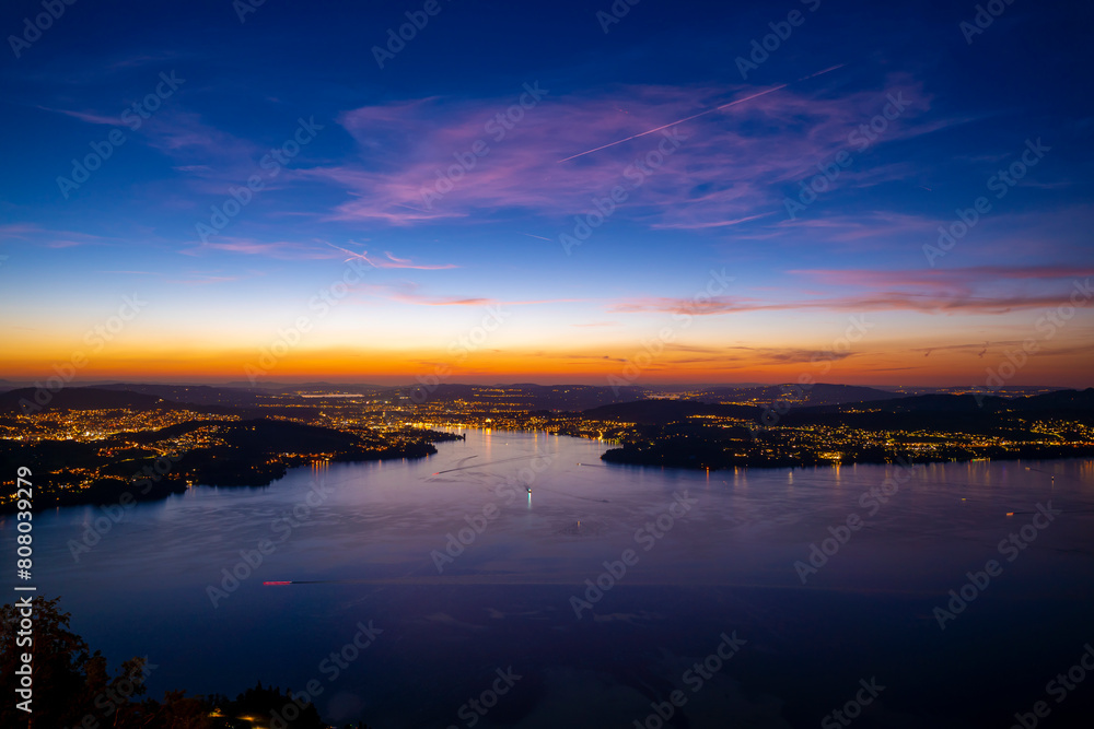 Aerial View over Lake Lucerne and Mountain in Dusk in Lucerne, Switzerland.