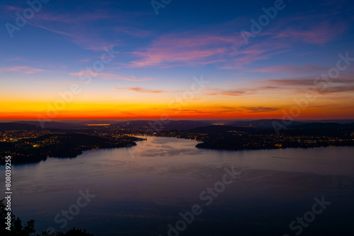 Aerial View over Lake Lucerne and Mountain in Dusk in Lucerne  Switzerland.