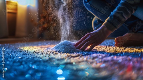 A dynamic image capturing the motion of a person sprinkling baking soda onto a carpet to absorb odors, with particles floating and scent neutralizing photo