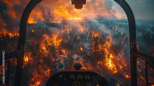 Surveying the raging forest fire from the cabin, the helicopter's view intensifies the epic drama of this devastating environmental crisis. photo