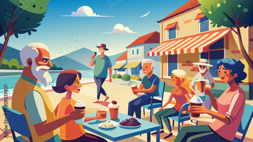Vibrant Summer Gathering of Friends at Quaint Seaside Cafe