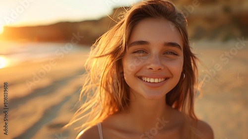Smiling Woman at Sunset on Beach - Generative AI © Andrew Hudson