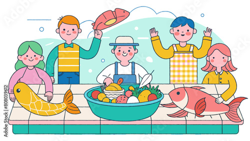 Colorful Fish Market Scene with Happy Customers and Vendor