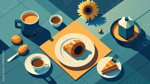 Fresh Morning Coffee Setup with Sunflower and Pastries on Table