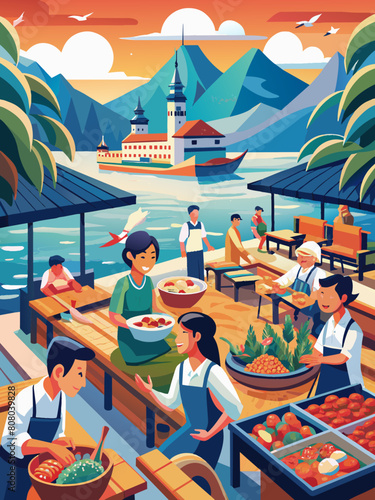 Colorful Riverside Market Scene with Bustling Food Stalls and Scenic Backdrop