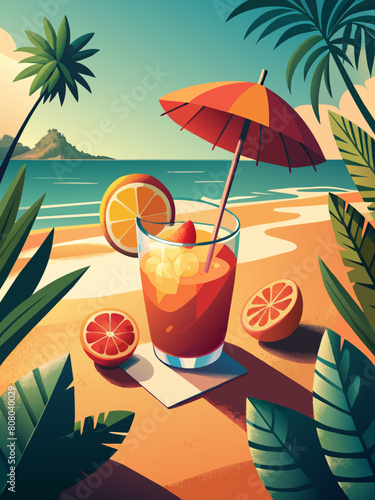 Tropical Beach Cocktail  Summer Refreshment with Ocean View