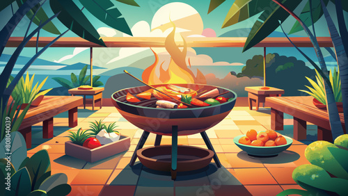 Tropical Barbecue Party Scene with Lush Vegetation and Sunset