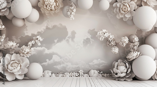 A sophisticated balloon wall in a gradient of whites and greys, designed to mimic a cloudy spring sky, adorned with realistic 3D-printed flowers like peonies and gardenias, photo