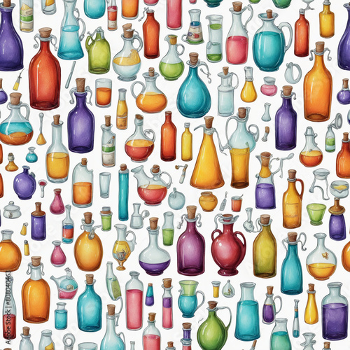 Assorted collection of translucent potions in a cut-out design, crafted with generative AI technology and set against a seamless, three-dimensional background 