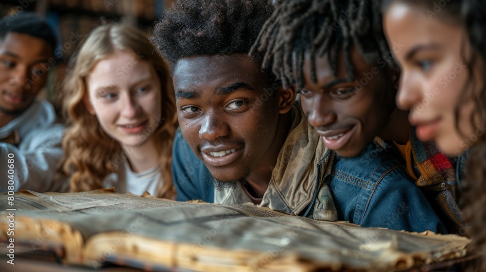 An old book transfixes a class of students; their shared quest for knowledge echoing in the earnest exploration of the outdated tome. An old book transfixes a class of students; their shared quest for knowledge echoing in the earnest exploration of the outdated tome.