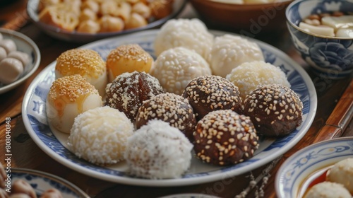 A traditional Chinese dessert platter featuring sweet red bean paste buns and sesame balls