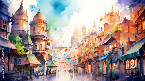 Craft a watercolor background depicting a colorful marketplace in a bustling old town