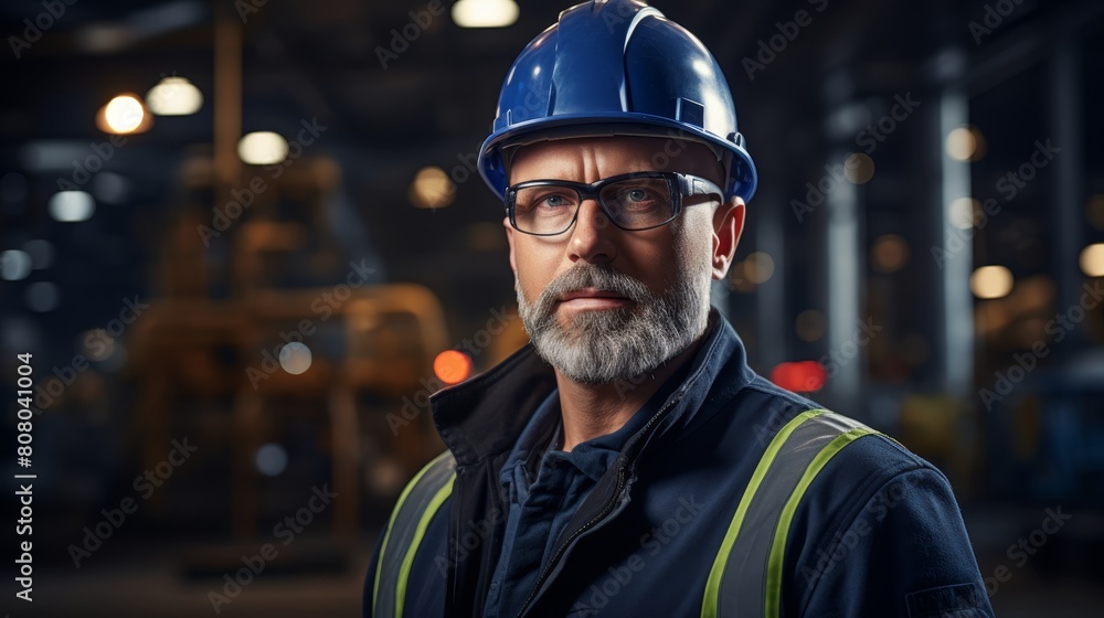 A man wearing a blue helmet and safety glasses stands in front of a building. He looks serious and focused A man wearing a blue helmet and safety glasses stands in front of a building. He looks serious and focused