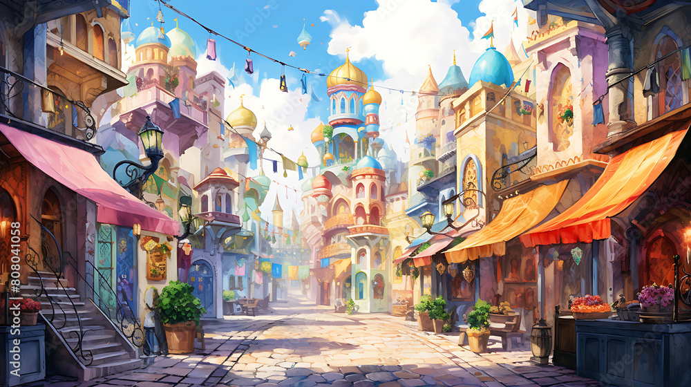 Craft a watercolor background depicting a colorful marketplace in a bustling old town