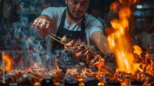 A dynamic image capturing the motion of a chef flipping kababs on a hot grill with expert precision