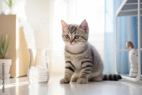 Lifestyle portrait photography of a cute american shorthair cat drinking water isolated in playful childrens room