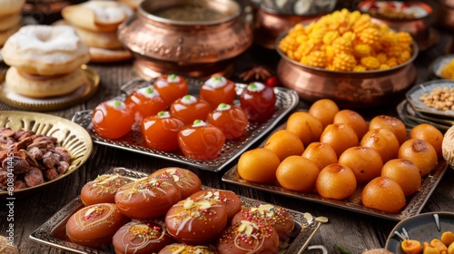A traditional Indian dessert spread with delicacies like gulab jamun and jalebi