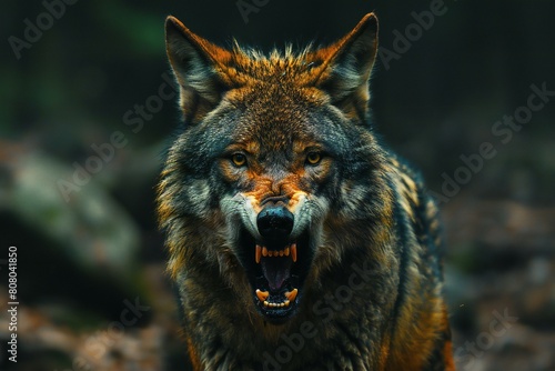 Close-up portrait of a wolf in the forest, Wild animal