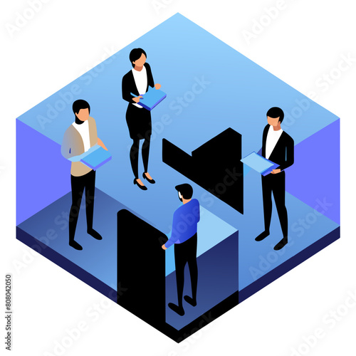 Networking Event Scene Vector - Professionals Exchanging Business Cards, Career Growth Opportunities, Industry Meetup Illustration