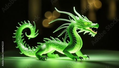 Amazing dragon made of bright green neon wires, photorealistic, detailed, contrasting