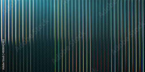 3d transparent ribbed glass background with refraction and holographic effect. Reeded glass with rainbow gradient. Render of corrugated wall with overlay reflection light on dark. 3d vector background