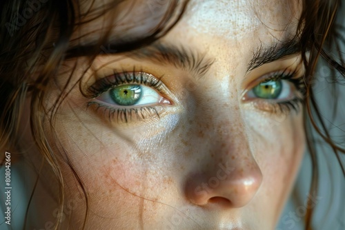 Close up portrait of beautiful young woman with long brown hair and green eyes