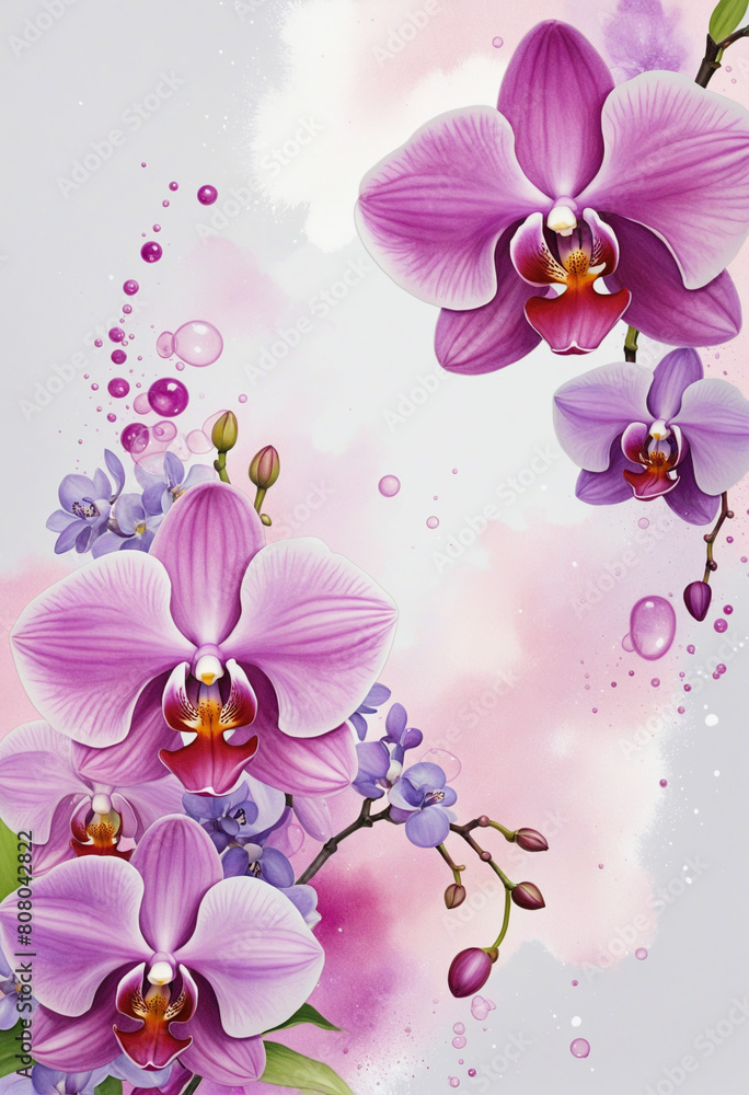 Naklejka premium Lush blooming orchid and lilac blooms in a watercolor abstract design, AI-generated vector on a clipped canvas, perfect for design projects 