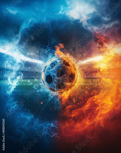Football planet concept  white soccer ball amidst explosion of fiery and icy elements  illustrating intense energy and passion associated with football game  ideal for sport theme  social media. 