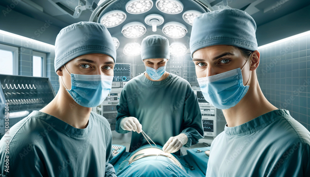 three professional surgeons in the foreground of a high-tech operating room at work three professional surgeons in the foreground of a high-tech operating room at work