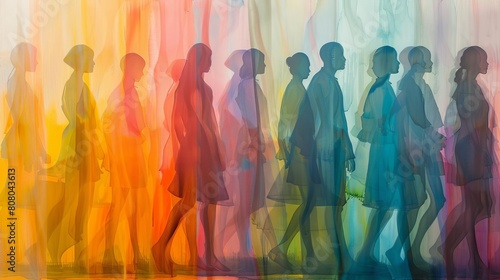 A painting of a group of people walking in a line. The people are all different colors, and the painting is very colorful. The mood of the painting is lively and energetic
