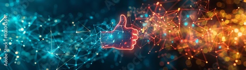 A hand with a thumbs up sign is shown in a colorful, abstract background. Concept of positivity and approval, as the thumbs up gesture is universally recognized as a symbol of approval or agreement photo
