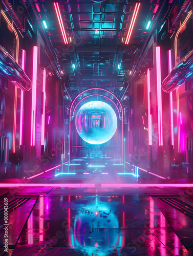 A neon colored room with a large sphere in the center. Scene is futuristic and energetic