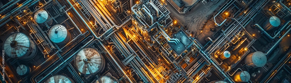A close up of a large industrial plant with many tanks and pipes. Concept of complexity and industrialization A close up of a large industrial plant with many tanks and pipes. Concept of complexity and industrialization
