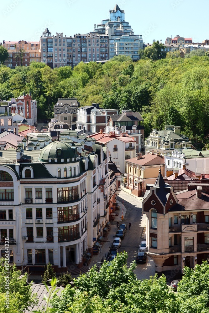 Fototapeta premium Ukraine, Kiev. Kyiv, Podol, Vozdvizhenka, city, architecture, view, travel, cityscape, building, panorama, landscape, house, urban, roof, landmark, town,