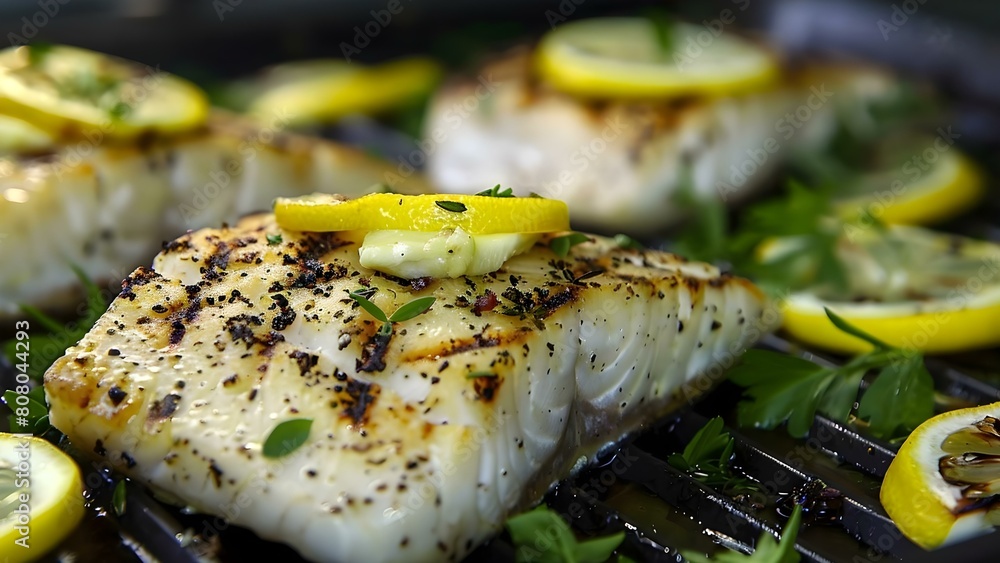 Capturing the beauty of grilled halibut with lemon butter and herbs in