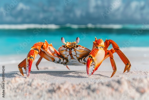Crab on a white sand beach with turquoise ocean in background