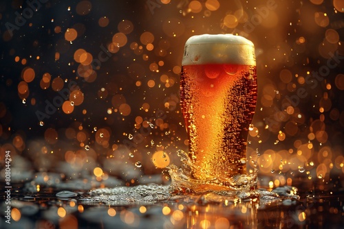 Glass of beer on a dark background with splashes and drops of water photo