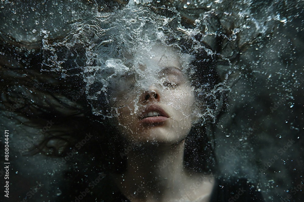 Portrait of a beautiful young woman with dark hair and flowing water